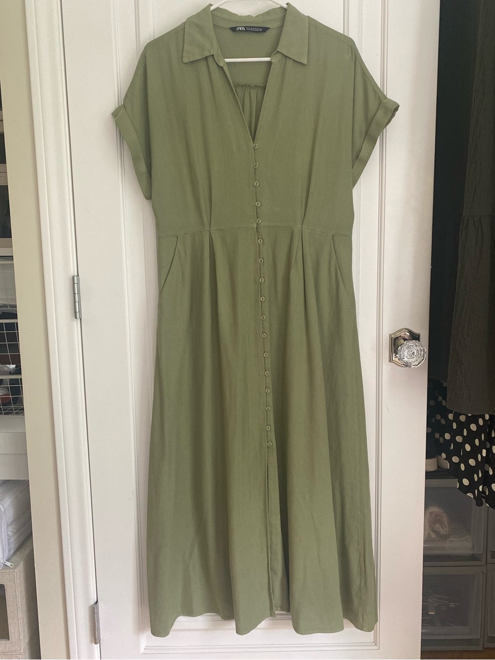 Zara Olive Green Button-Front Midi Dress